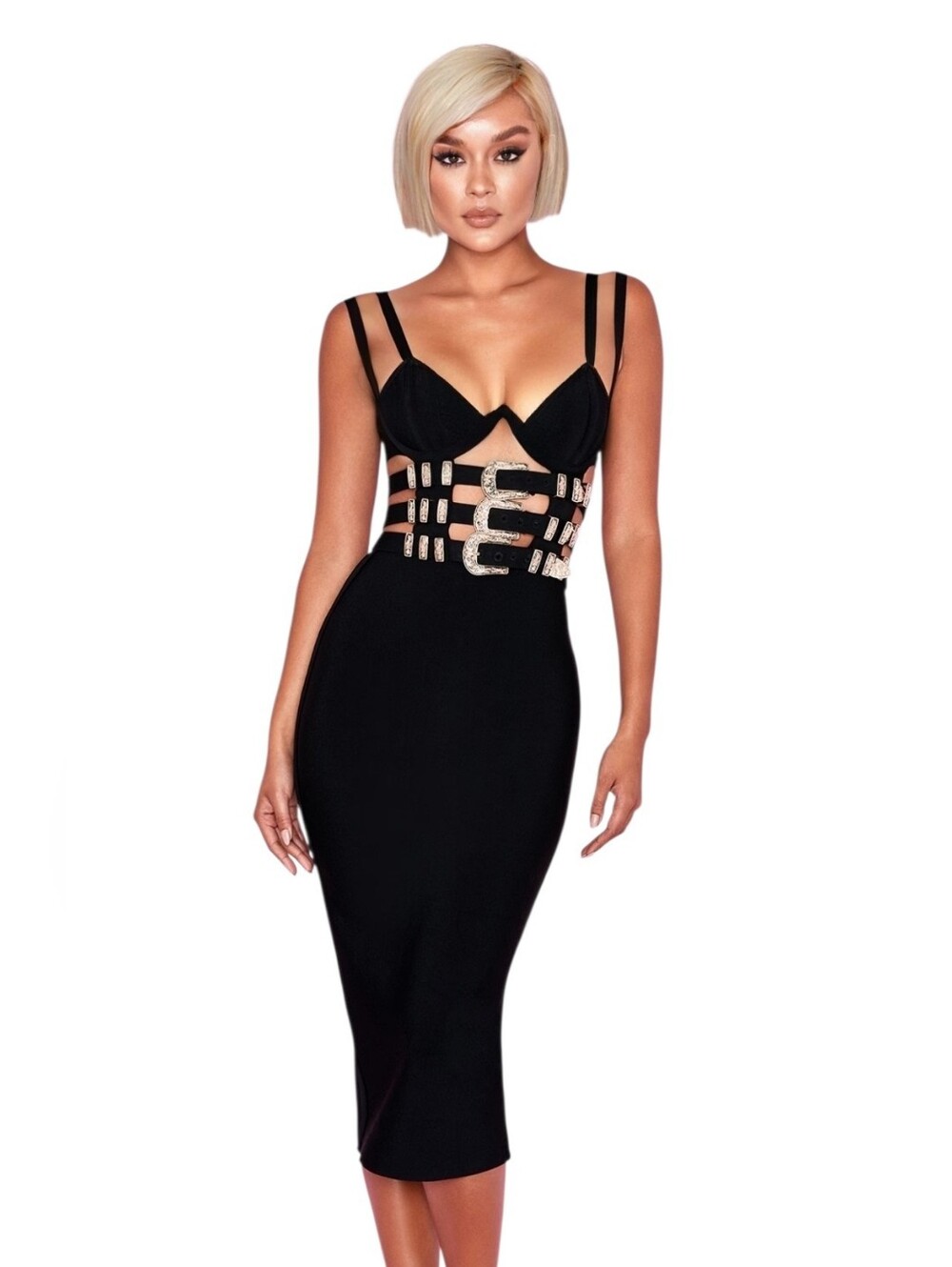 House of London Black Strappy Buckles Dress Gold Accents Bodycon Sz.M